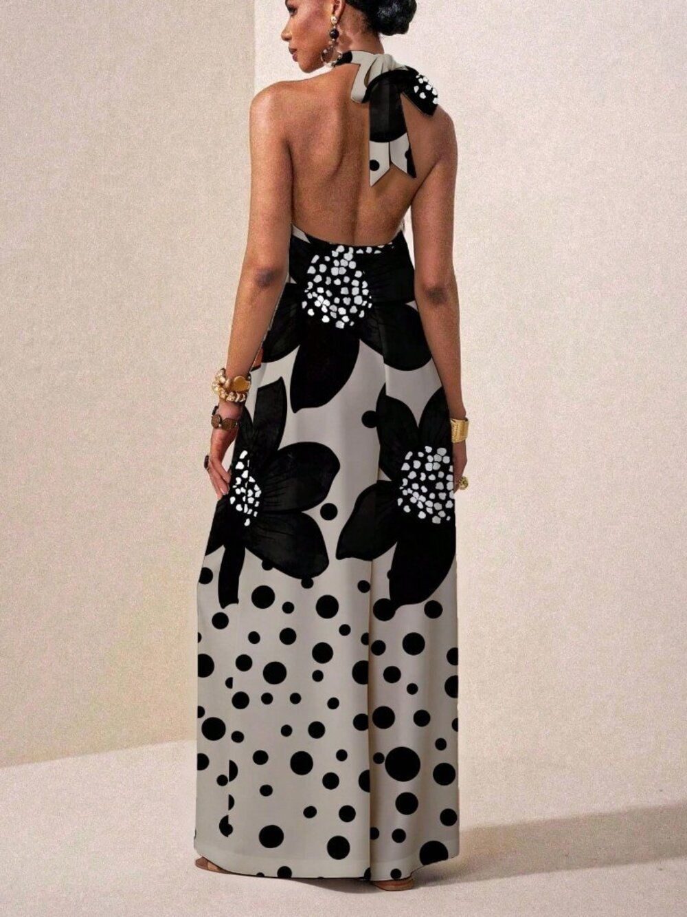 Multicolor Boho Women's Wide-Leg Halter Jumpsuit - Picture 2 of 5